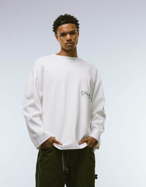 ASOS DESIGN - Premium T-shirt van superzware stof met lange mouwen, verlaagde schouders en grafische tekstprint in wit