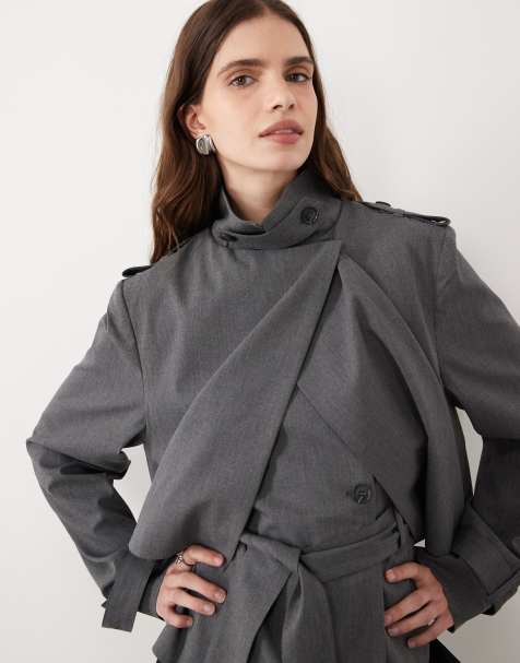 ASOS DESIGN Premium taillierter Cropped-Trenchcoat mit Stehkragen in Grau - view 1