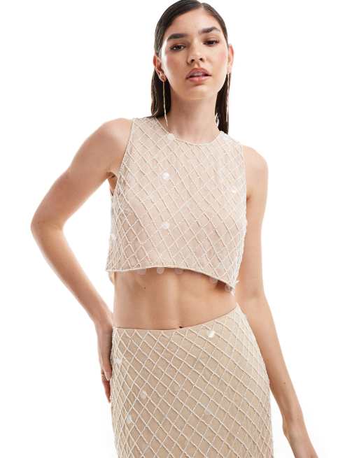 ASOS DESIGN - Premium tanktop met versiering in rasterpatroon in crème, deel van co-ord set