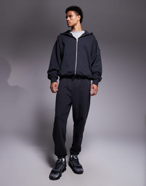 ASOS DESIGN premium tapered trackies in 400gsm in charcoal - view 1