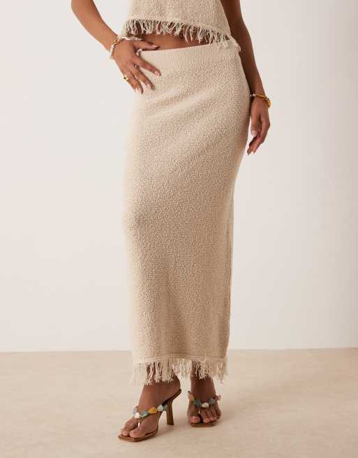ASOS DESIGN premium textured maxi skirt with fringe hem co-ord in stone - STONE, 5 of 5