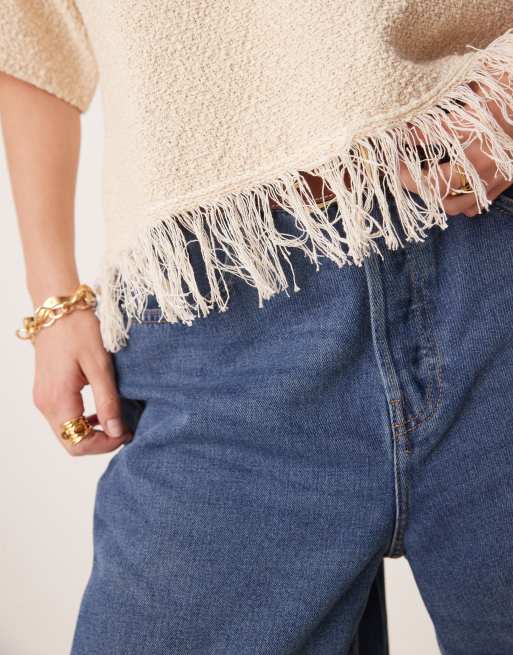 ASOS DESIGN premium textured t-shirt with fringe hem in cream, 2 of 4