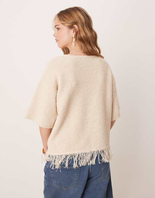 ASOS DESIGN premium textured t-shirt with fringe hem in cream, 4 of 4