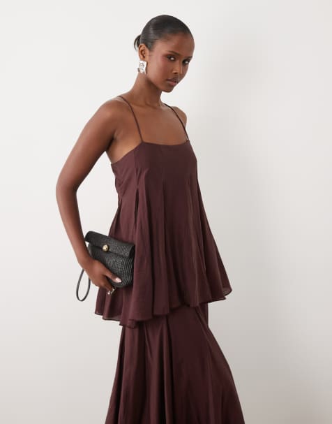 ASOS DESIGN premium tiered cami maxi dress with godet full hem skirt in chocolate plum - view 1