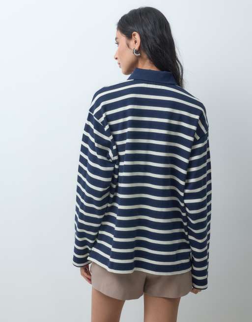 ASOS DESIGN premium top a maniche lunghe a righe con colletto rugby, blu navy, 4 di 4