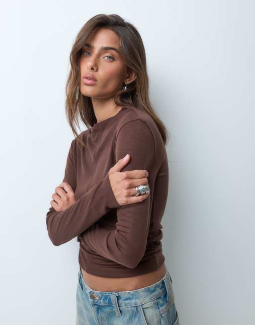 ASOS DESIGN premium top a maniche lunghe con collo a coste in chocolate, 5 di 5