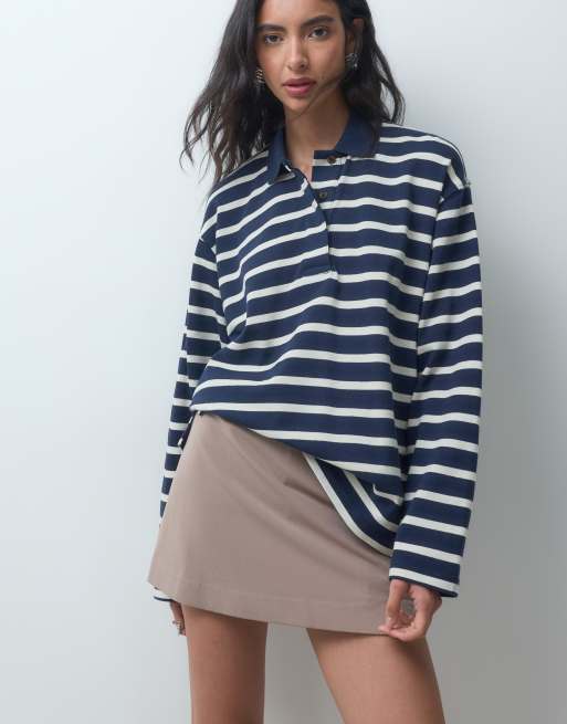 ASOS DESIGN premium top de manga larga con cuello tipo rugby a rayas en azul marino, 1 de 4