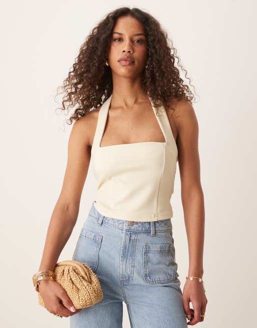 ASOS DESIGN - Premium top met halternek van pontestof in citroengeel