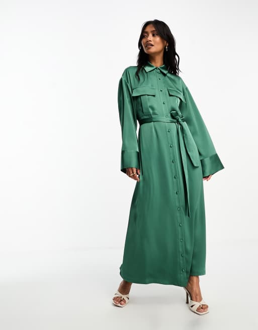 ASOS DESIGN Premium – Trapezowa satynowa sukienka koszulowa maxi w zielonym kolorze