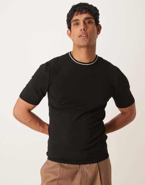ASOS DESIGN - Premium - Tætsiddende og strikket sort T-shirt med firkantet pasform og kontrasthals - view 1