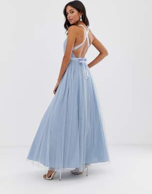 asos design premium tulle maxi prom dress with ribbon ties