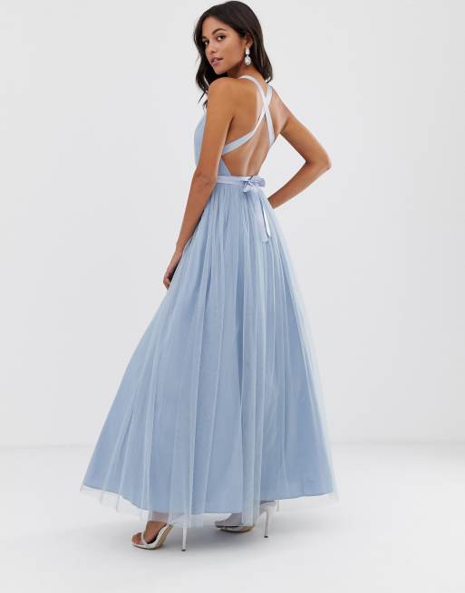 premium tulle maxi prom dress with ribbon ties