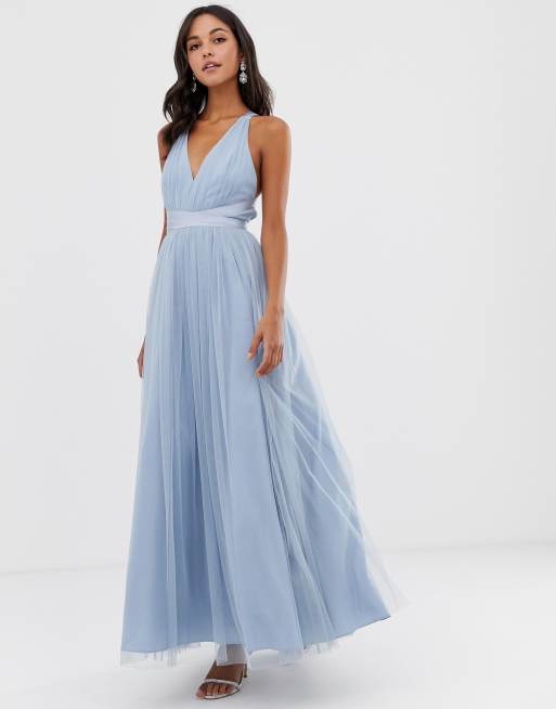 premium tulle maxi prom dress with ribbon ties