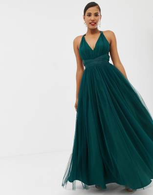 asos design premium tulle maxi prom dress with ribbon ties