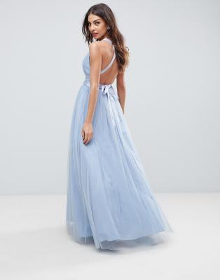 asos design premium tulle maxi prom dress with ribbon ties