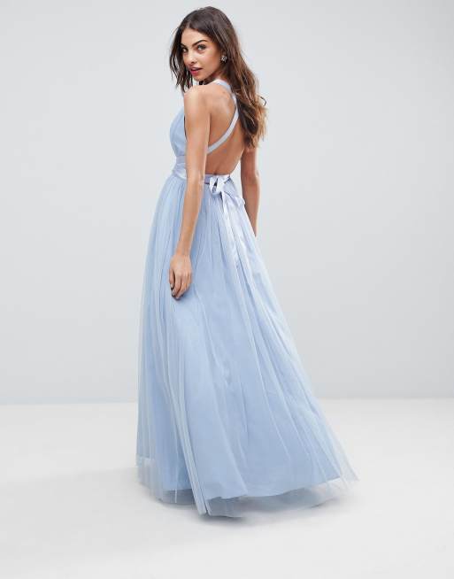 premium tulle maxi prom dress with ribbon ties