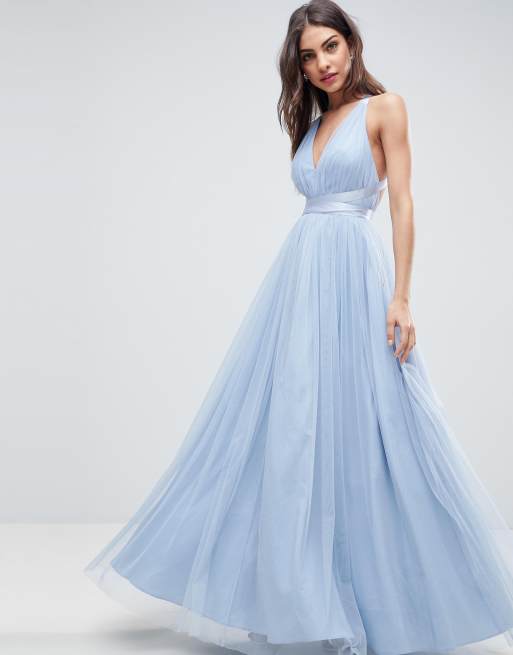 premium tulle maxi prom dress with ribbon ties