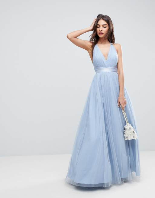 tulle maxi prom dress with ribbon ties