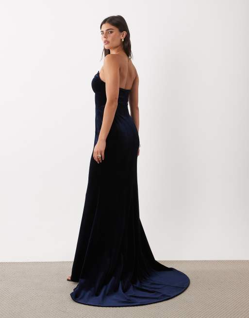 ASOS DESIGN Premium velvet corset maxi dress with fishtail in navy, 2 of 4