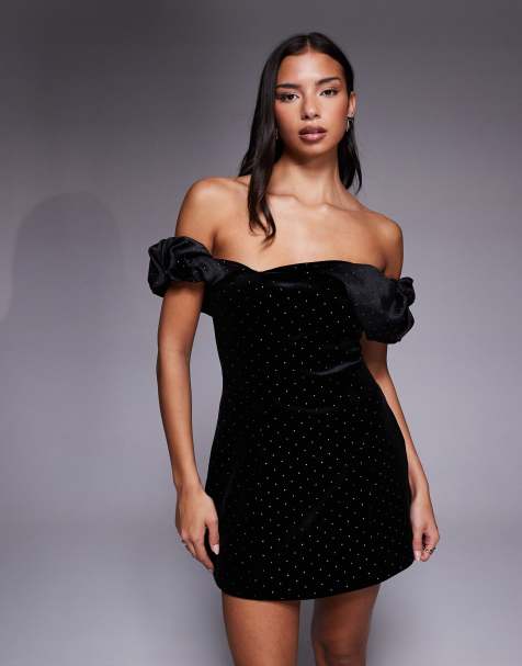 ASOS DESIGN Premium velvet embellished mini dress with neck detail in black - view 1