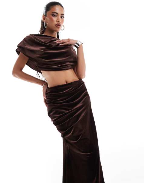 ASOS DESIGN premium velvet maxi dress with slashed neck in chocolate - view 1