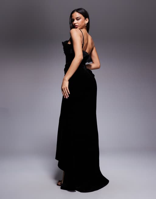 ASOS DESIGN premium velvet maxi dress with textured fan detail bodice in black