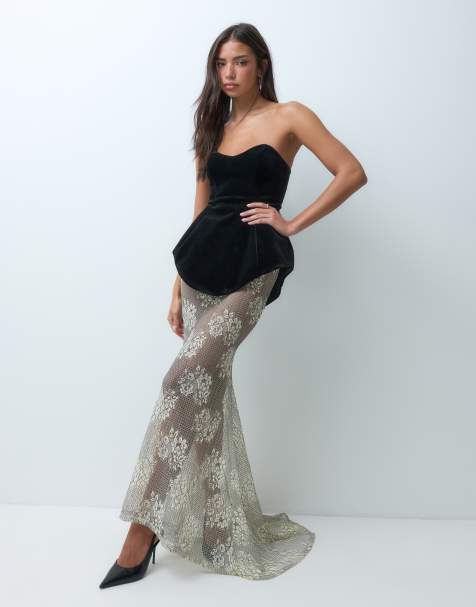 ASOS DESIGN Premium velvet moulded dress with lace maxi skirt in black