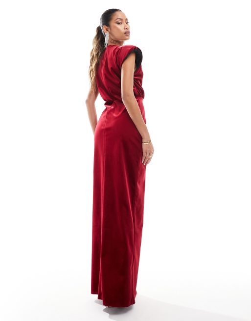 ASOS DESIGN premium velvet plunge maxi dress with shoulder pads in red