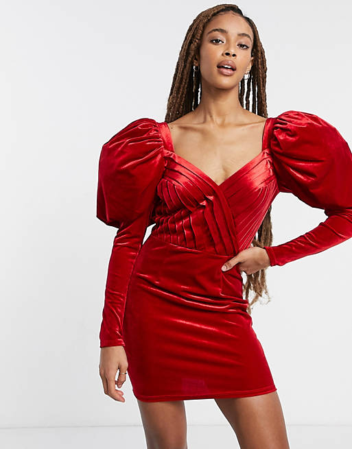 ASOS DESIGN premium velvet puff long sleeve mini dress in red | ASOS
