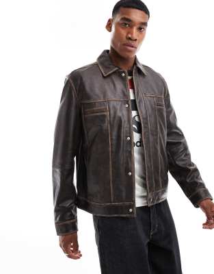 ASOS DESIGN Premium - Veste style western en cuir véritable - Marron