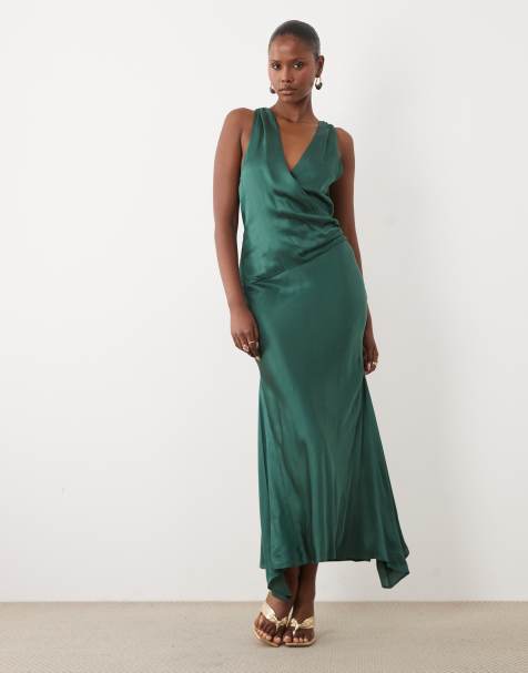 ASOS DESIGN Premium vestido maxi de satén modal con escote pronunciado en verde azulado - view 1