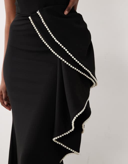 ASOS DESIGN Premium - Vestito lungo allacciato al collo in crêpe nero con fiocco oversize decorato con perle , 4 di 4