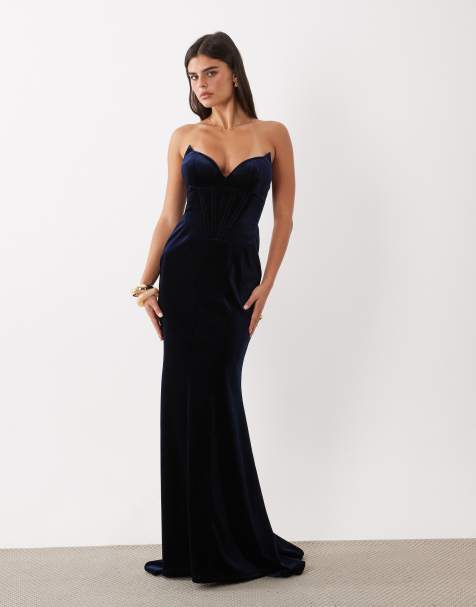 ASOS DESIGN Premium vestito lungo in velluto con corsetto e fondo a coda di rondine blu navy - view 1