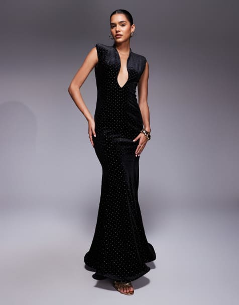ASOS DESIGN Premium - Vestito lungo in velluto nero con scollo profondo sagomato e fondo a sirena - view 1