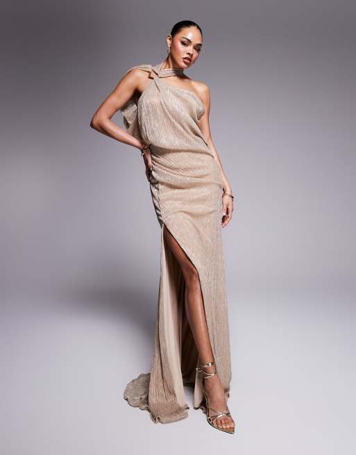ASOS DESIGN Premium - Vestito lungo monospalla in metallo color oro