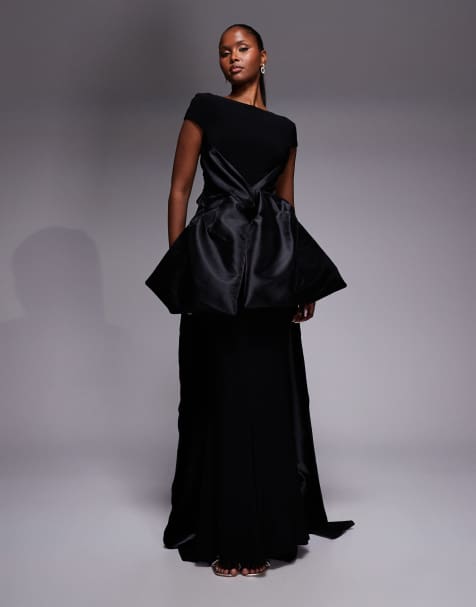 ASOS DESIGN Premium - Vestito lungo nero con fiocco in raso a contrasto sul davanti e strascico - view 1