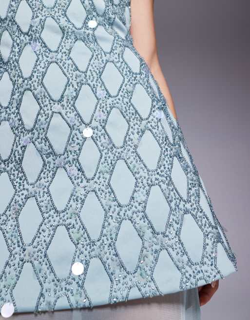 ASOS DESIGN Premium - Vestito lungo strutturato blu decorato in sangallo con gonna a ruota trasparente , 4 di 4