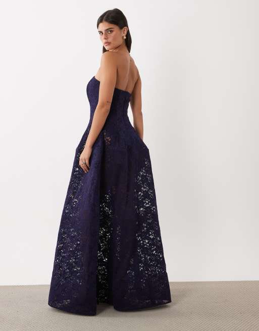 ASOS DESIGN Premium vestito maxi con bustier in pizzo e gonna ampia navy, 4 di 4