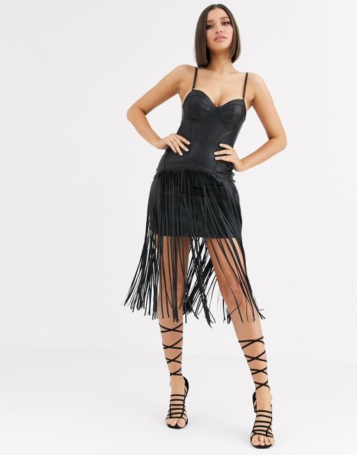 ASOS DESIGN Premium - Vestito midi con spalline sottili e corsetto in ecopelle PU con frange 