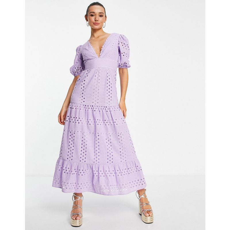 Vgszu Donna DESIGN - Premium - Vestito midi lilla in pizzo a balze con scollo profondo e bottoni