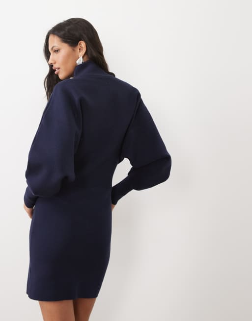 ASOS DESIGN premium vestito mini in maglia compatta con collo alto e maniche a pipistrello navy, 4 di 4