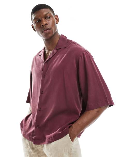 ASOS DESIGN – Premium – Vinröd skjorta i oversize med boxig passform, platt krage och halvlånga ärmar - view 1