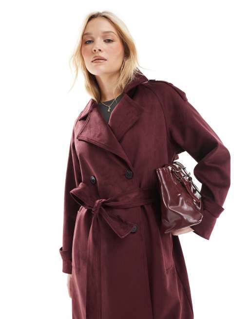 ASOS DESIGN – Premium – Vinröd trenchcoat i mockaimitation, 2 av 4