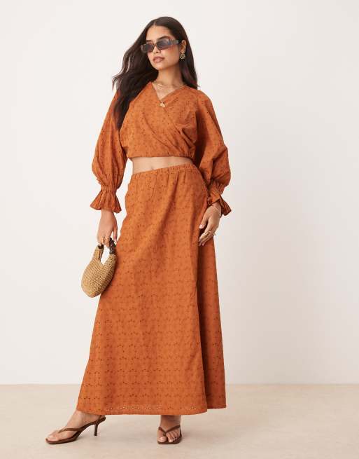 ASOS DESIGN premium volume sleeves eyelet wrap top in brown - part of a set, 2 of 4