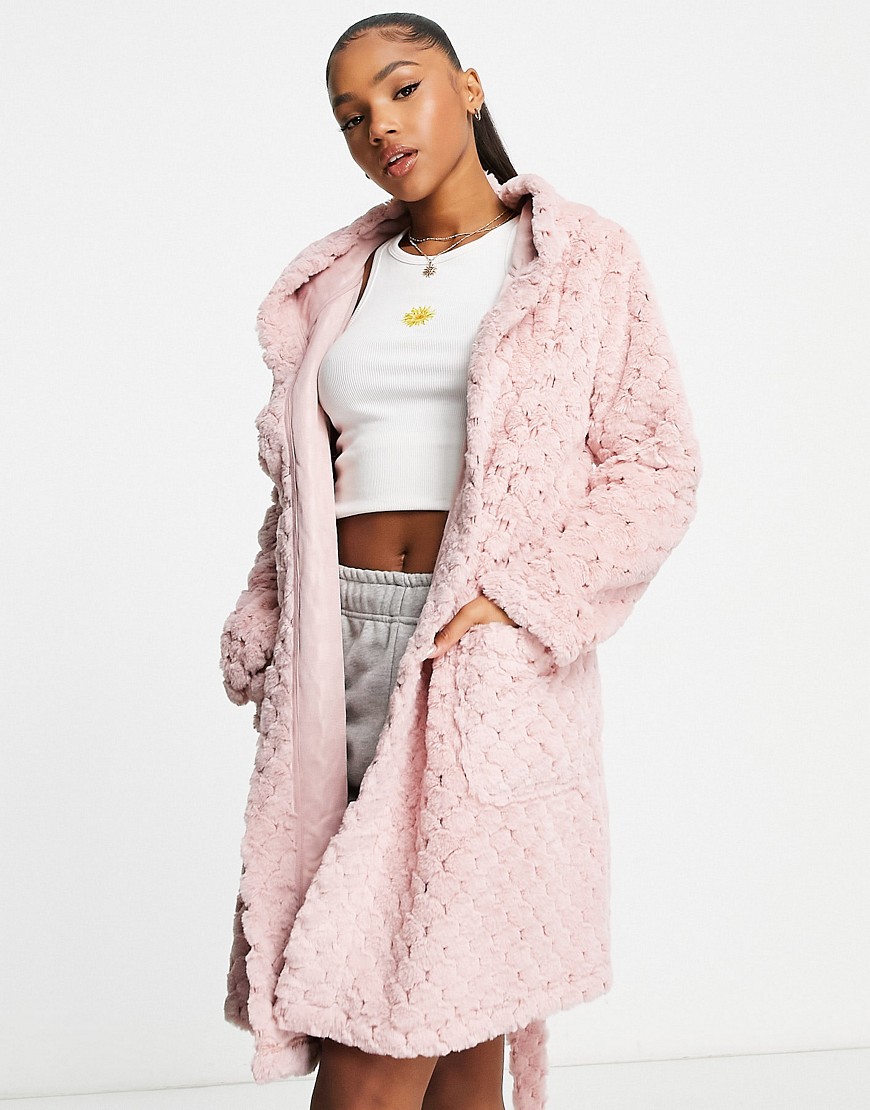ASOS DESIGN premium waffle faux fur mini robe in pink