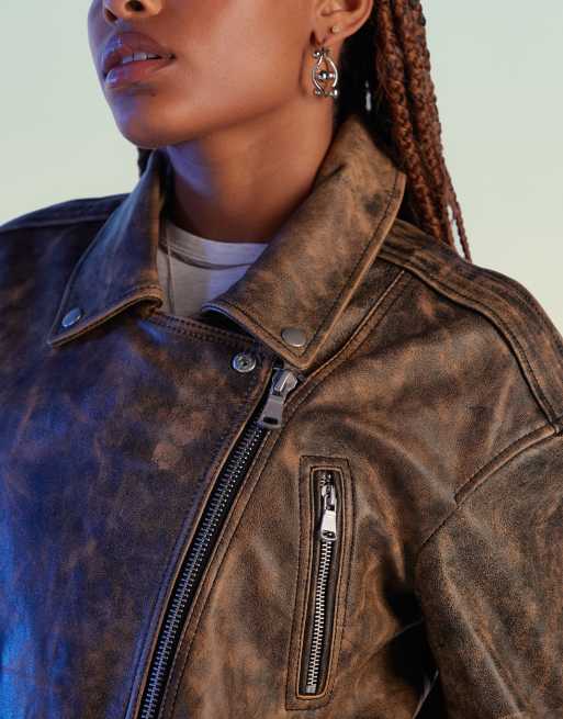 ASOS DESIGN premium washed real leather oversized biker jacket in brown