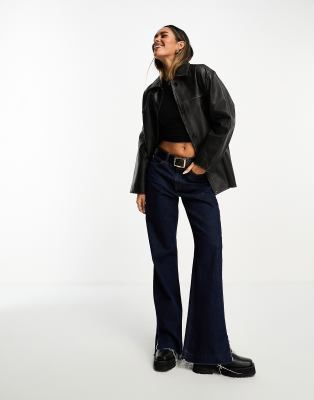 Asos Design Premium Washed Real Leather Top Collar Jacket In Black In Black