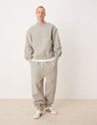 Asos Design Premium Wide Leg Sweatpants With Pinched Hem And Pleats In Neutral
