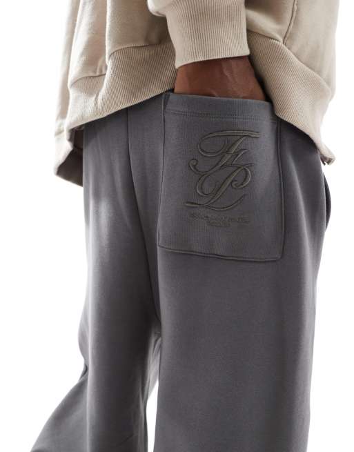 ASOS DESIGN premium wide leg trackies with high build print in charcoal, 3 of 5