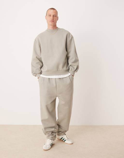 ASOS DESIGN premium wide leg trackies with pinched hem and pleats in London fog